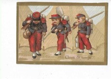 CHROMO  ENFANTS MILITAIRES SOLDATS  SOUS LA PLUIE