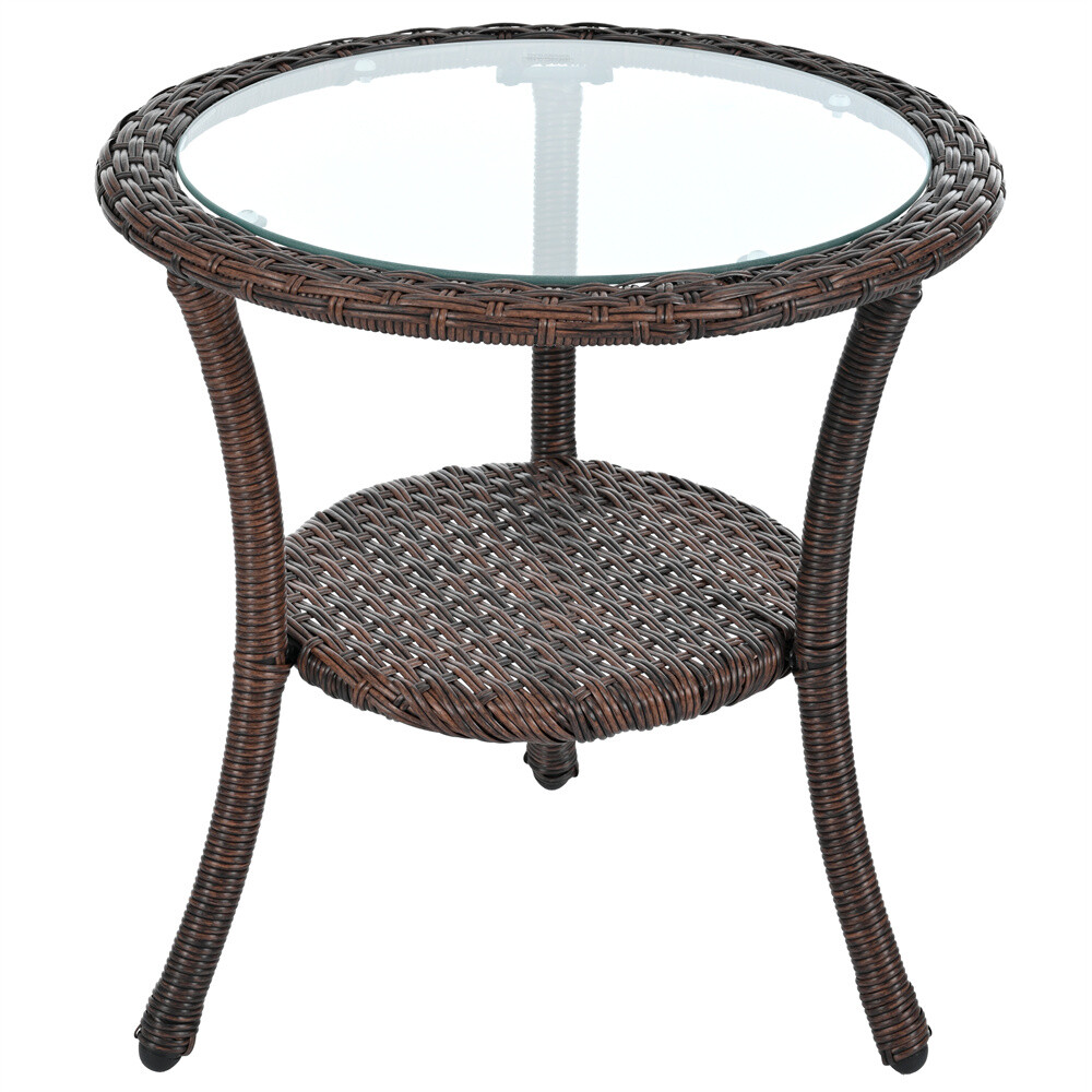 Outdoor Leisure Set 2 Rattan Single Chairs with A Glass Round Table for Patios G