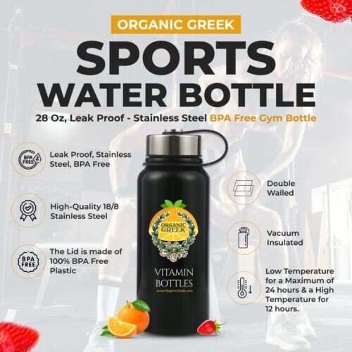 Organic Greek Sports Water Bottle - 28 Oz, Leak Proof - Blac
