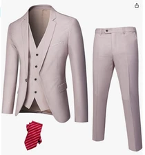 YUFFUSHI Beige M 3 Piece 40R 34W Notch Lapel 1 Button Double Vented