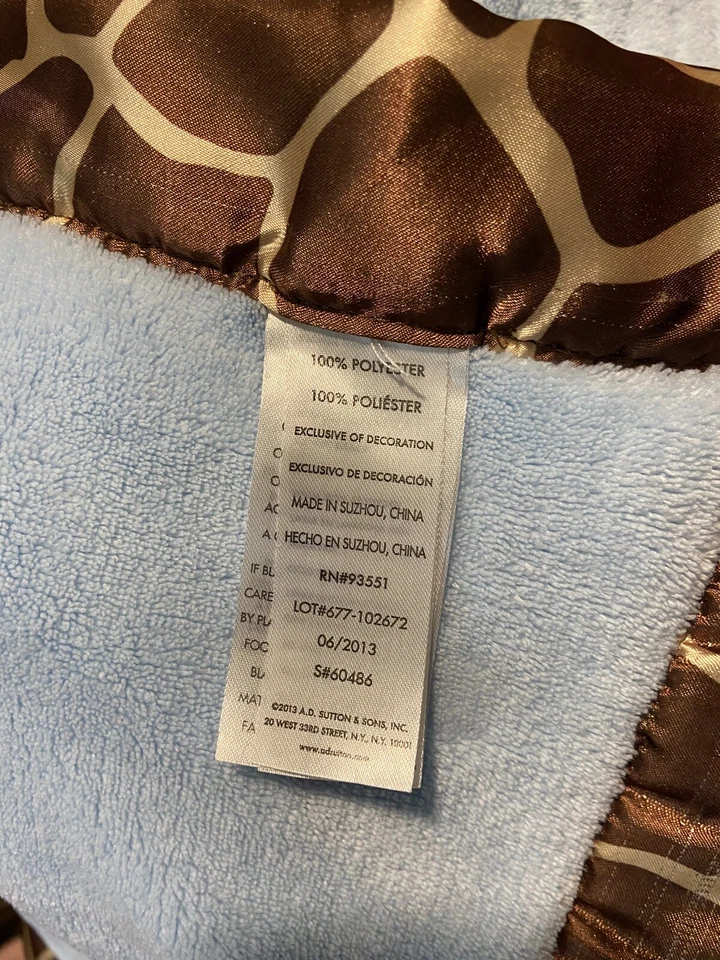 Sutton & Sons Blue Plush Baby Blanket Brown Giraffe Print Satin Trim 30x40 Lovey - Image 3 of 3