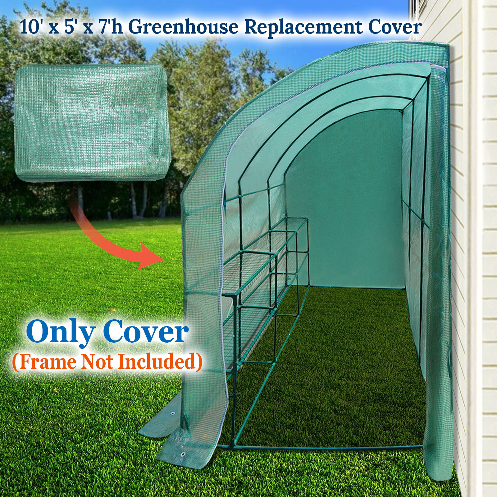 For 10x5x7'h Walk-in Wall Half Greenhouse Zipper Doors Cover