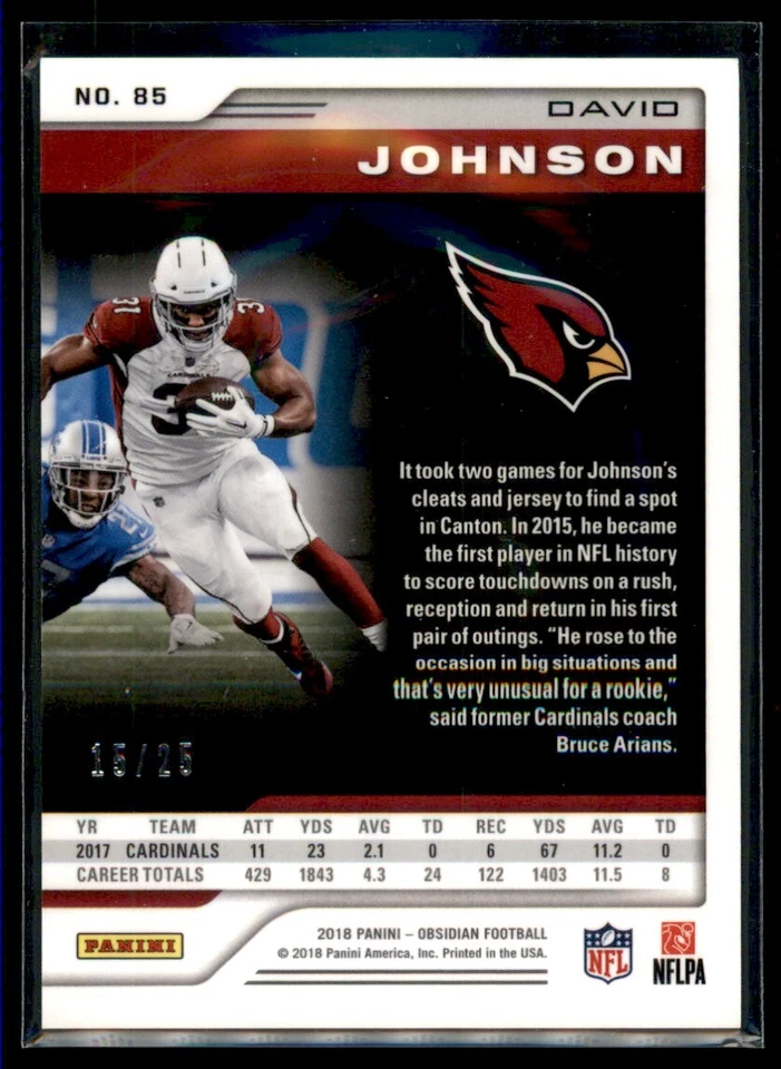 2018 Obsidian GREEN David Johnson Arizona Cardinals #85 15/25 - Image 2 of 2