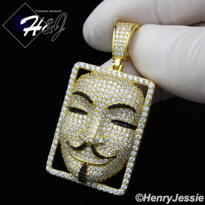 925 STERLING SILVER ICY CUBIC ZIRCONIA GOLD PLATED V FOR VENDETTA PENDANT*GP359