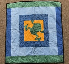 Vintage Handmade Machine Stitched Geometric Frog 38" Quilt Square Baby Blanket