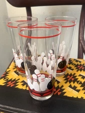 Vintage 1950S Mid Century Libby Bowling Ball & Pins Glass Tumblers Barware