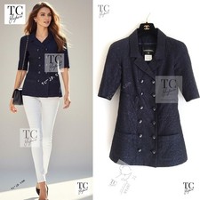 $4K CHANEL 14C Dark Navy Black Camellia Silk Double Jacket CC 34 US2