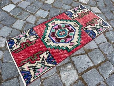Türkischer Vintage Kleiner Teppich Handgefertigt Wolle Böhmisch Badematte Vorleger 1,2 x 2,6 Fuß