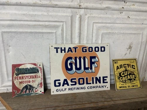 Vintage Gulf Sinclair Arctic Grease Motor Oil Sign Service Station Can Gas Pump