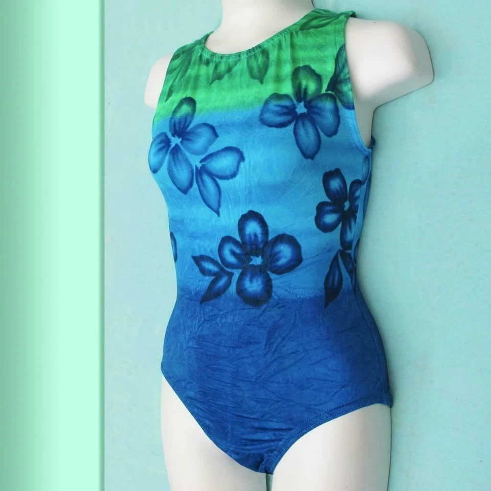 Gymnastics Leotard Girls sz CL Child 12 blue & green shades floral design NEW c- - Image 3 of 4