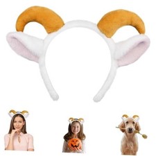 Goat Ears Headband with Ram Horns, Animals 1 Count Pack of 1 White Brown