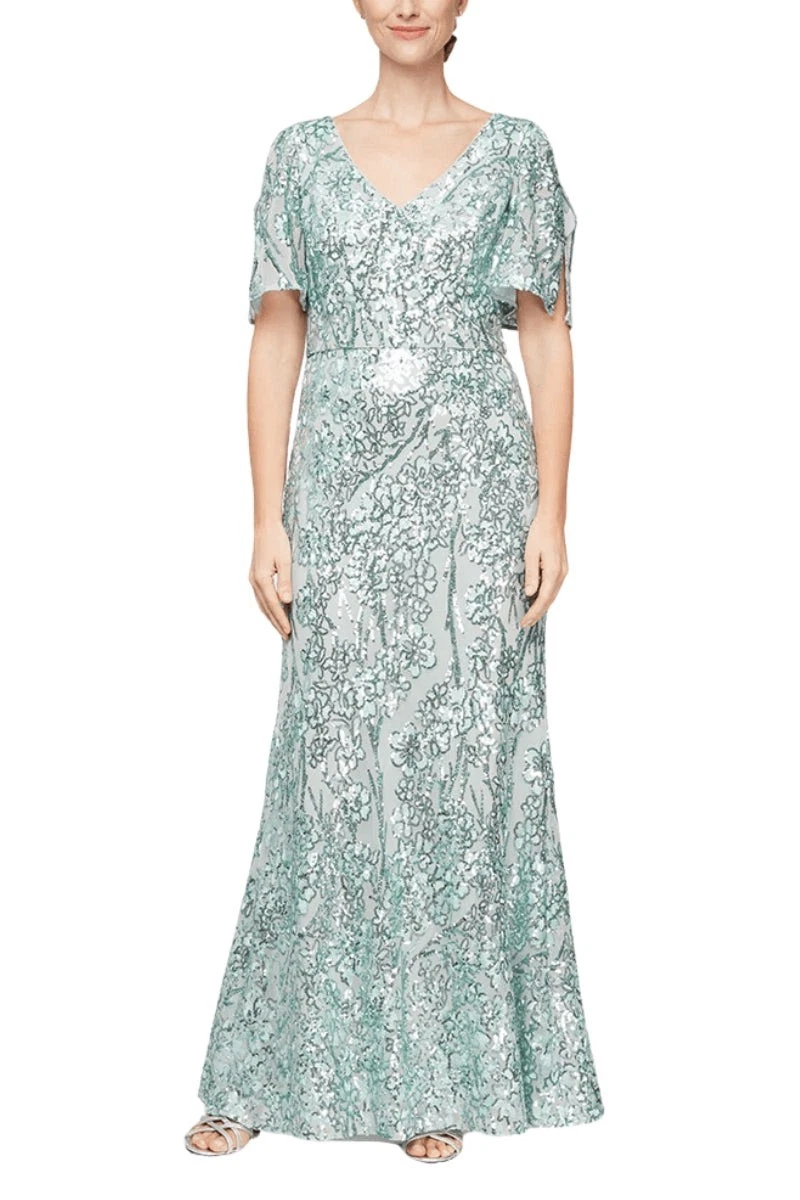 green emerald velvet dress Alex Evenings Long Cap Sleeve Sequin Dress with Scoop Neckline Black/Copper / 12 main image 1