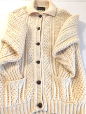 Ireland Cardigan Sweater Woman L ROSSAN Hand Loomed 100% Wool Collar Pockets