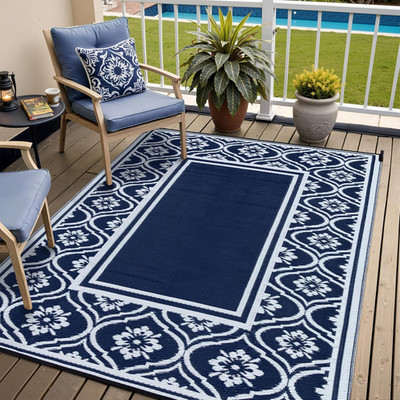 Outdoor Patio Rug 5'X8' Waterproof outside Area Rugs Blue Reversible Plastic Str