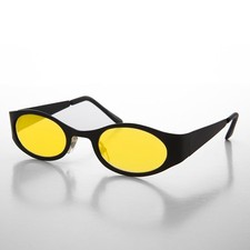 Black Oval 90s Vintage Sunglasses with Yellow Lens - Zal