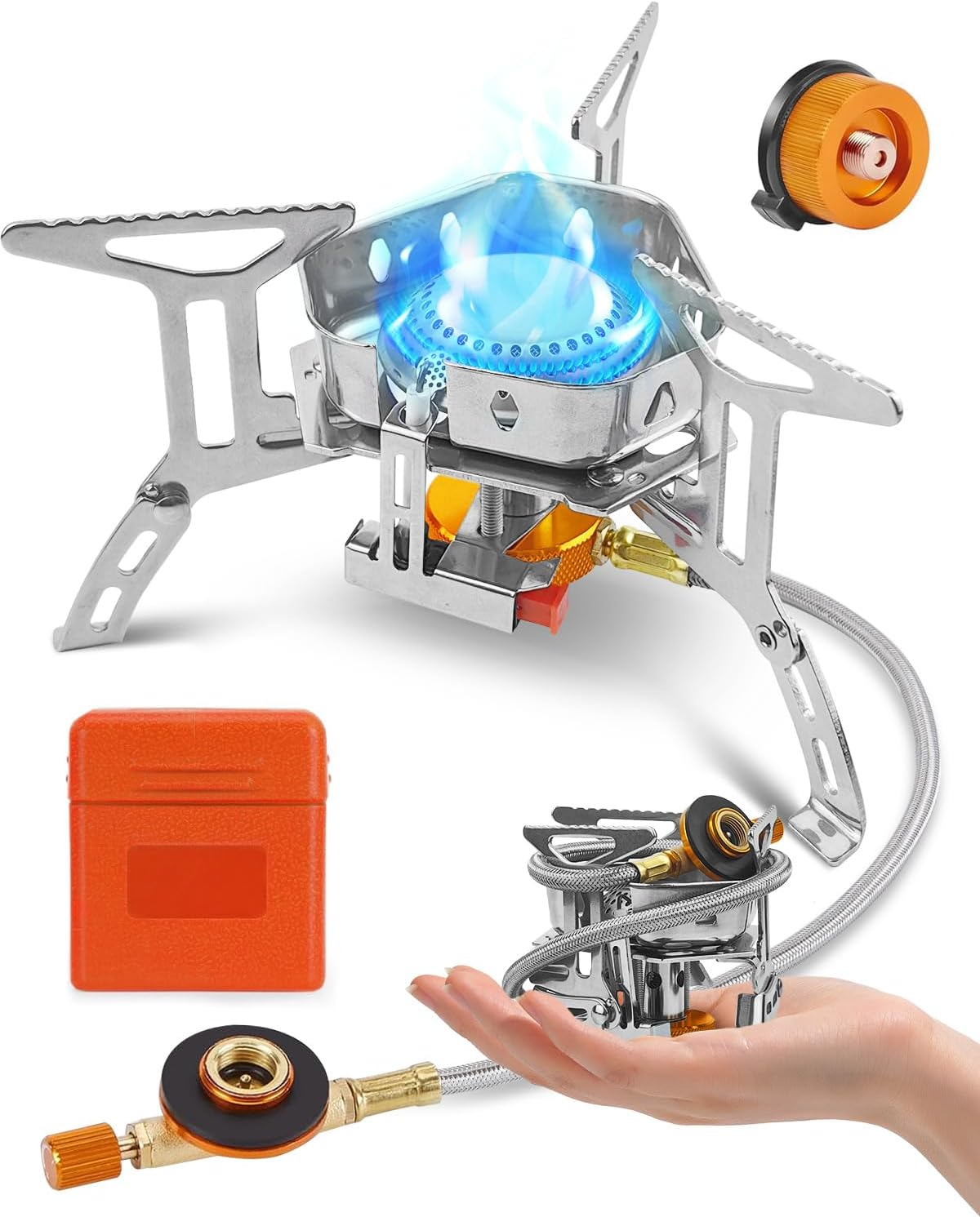 Portable Camping Gas Stove, Windproof 3500W Burner with Piezo Ignition, Adapters