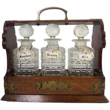Vintage English Wood Tantalus Cut Glass 3 Piece Decanter Set with Lock and Key
