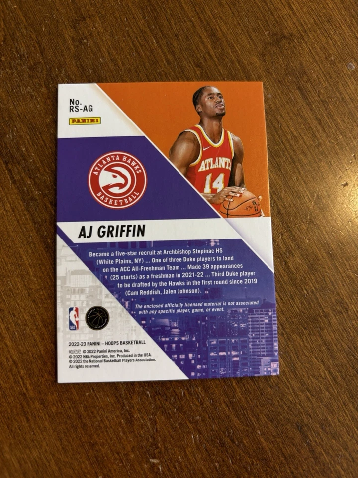 A.J. Griffin 2022-23 NBA Hoops Rise N Shine Rookie Jersey RS-AG Duke Hawks RC - Image 2 of 2