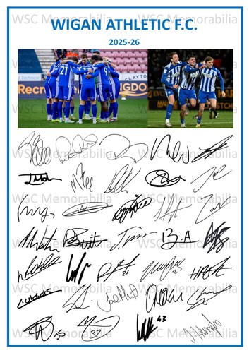 12261. 2025-26 Wigan Athletic Signed Team Photo Sheet (PRINTED AUTOGRAPHS - A4)