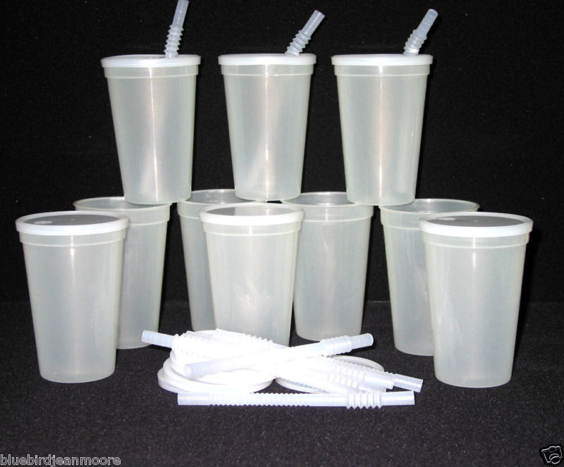 10 20 oz Clear Plastic Drinking Glasses Lid Straw