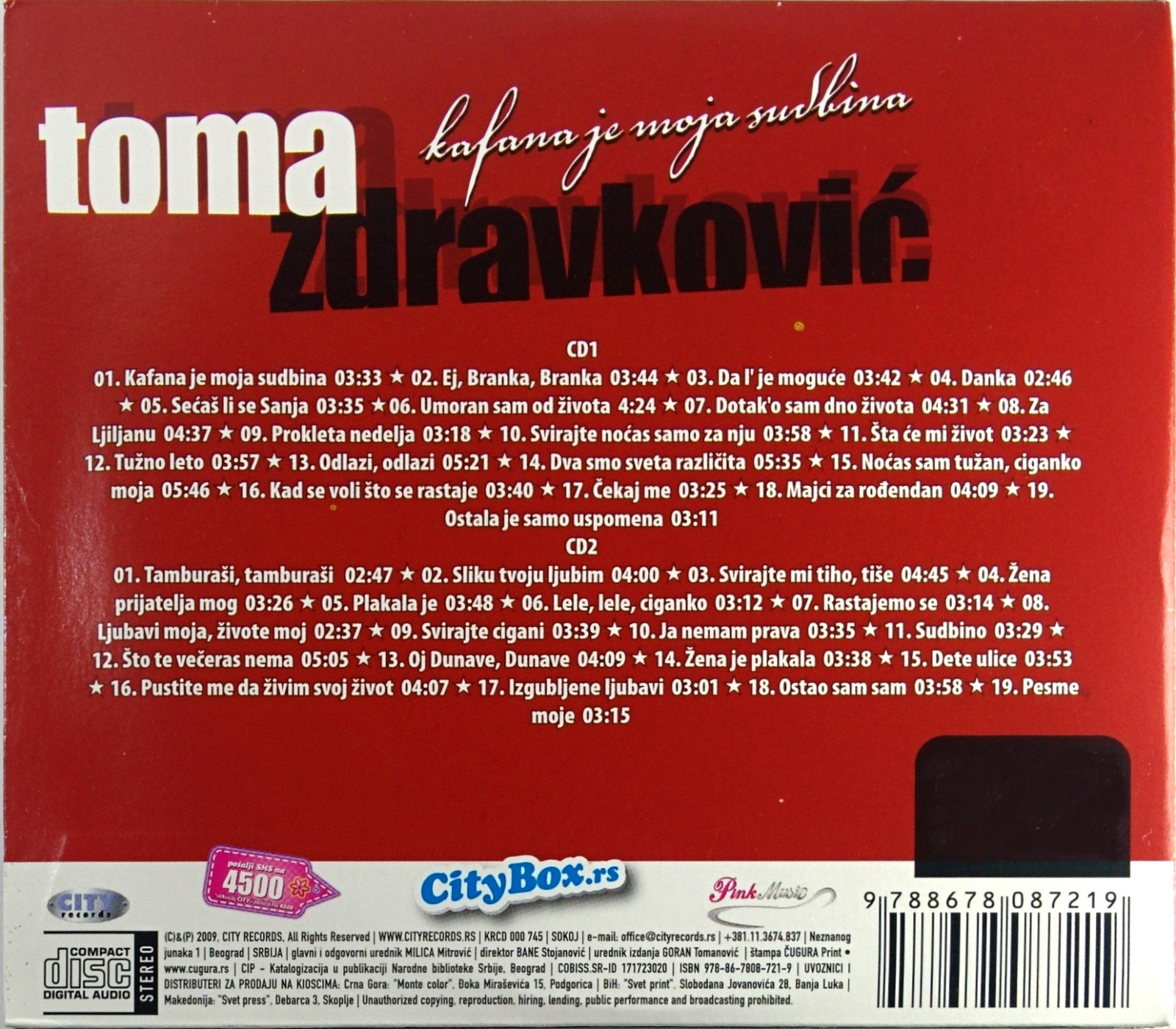 2CD TOMA ZDRAVKOVIC KAFANA JE MOJA SUDBINA compilation 2009 serbia city records