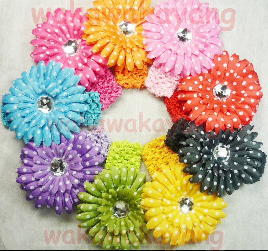 9pcs X Girl Baby polka dot gerber daisy flower Clip Crochet Headbands 