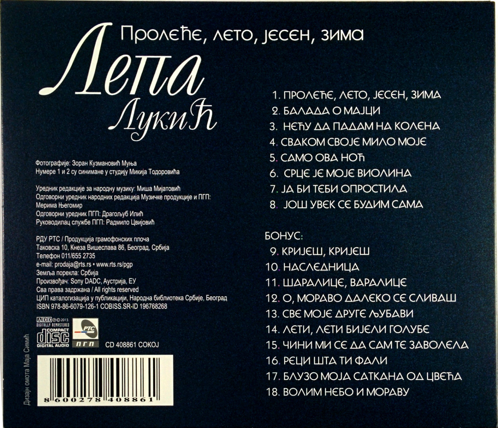 CD LEPA LUKIC - PROLECE, LETO, JESEN, ZIMA<BR> album 2013 PGP RTS SOKOJ 