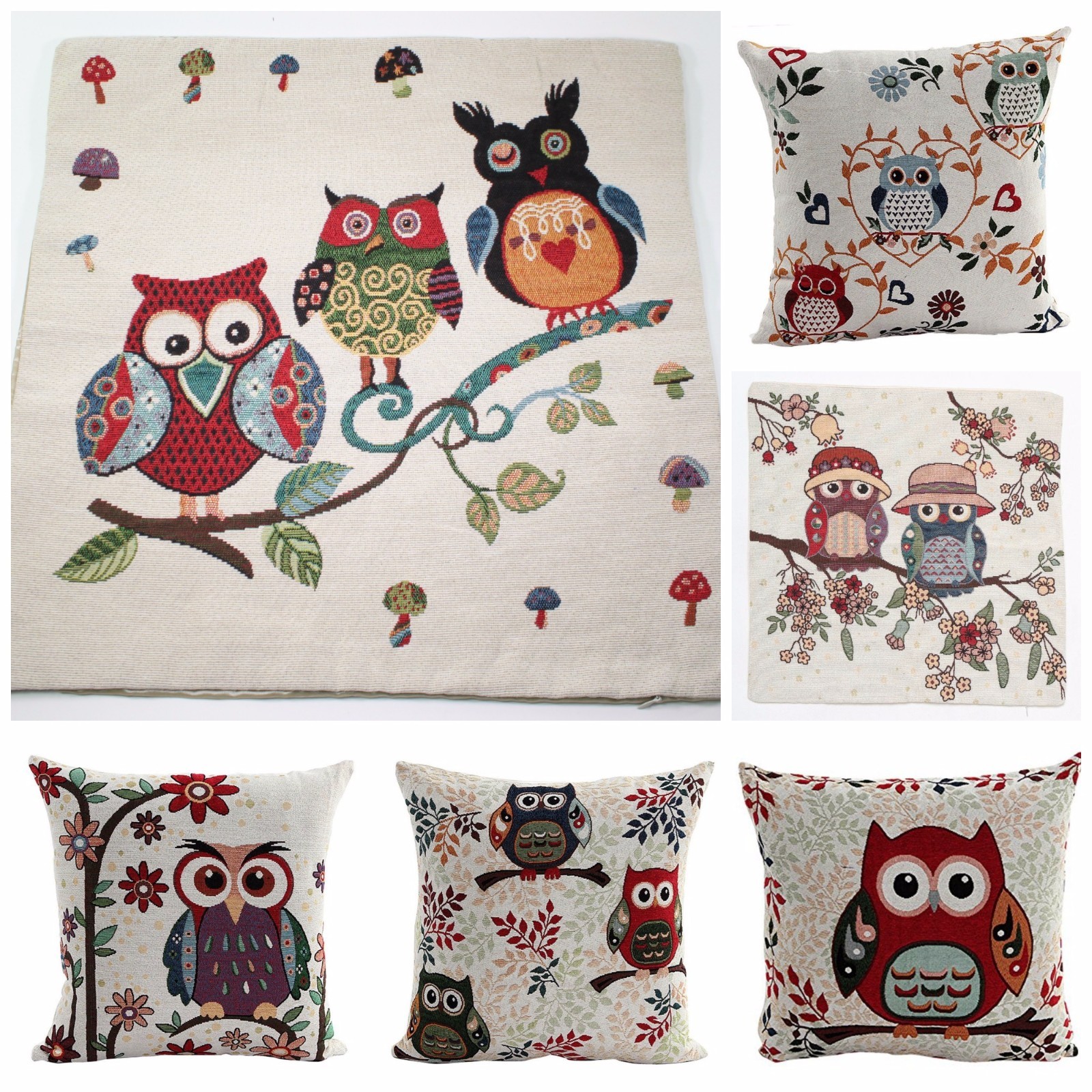 Cotton Linen Red Blue Green Purple Owls Pillow Cases Cushion Cover