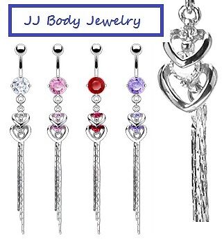 Double Heart Navel Belly Ring Chain Dangle  