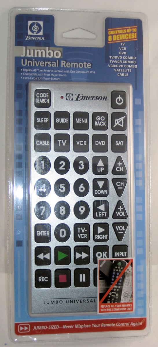 Emerson Jumbo Universal Remote Control 8 Devices Code Search New on