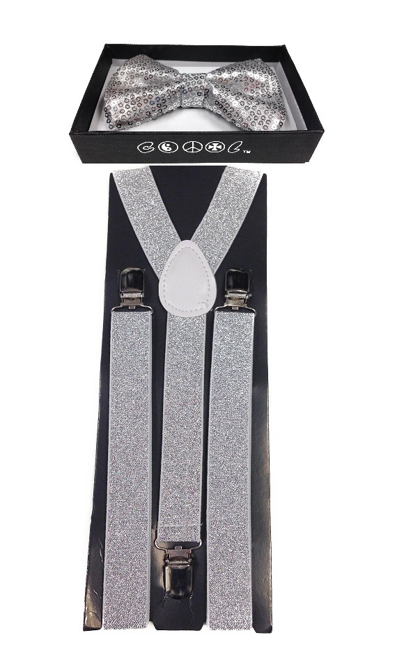 Silver Sequin Bow Tie & Silver Glitter Suspender High Quality