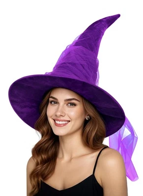 Chapéu de bruxa feminino roxo mascarado franzido tamanho grande bruxas chapéus de veludo largos... - Imagem 1 de 4