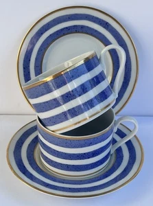 2 Crate Barrel Veranda Flat Tea Coffee Cup Mug & Saucer Blue White Gold Stripe - Picture 1 of 11