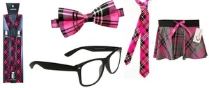 Geek Nerd Costume Accesory Set Glasses Pink Bow Tie Braces Skirt 4PC Fancy Dress - Picture 1 of 5