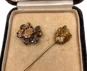 ANTIQUE JEWELRY LOT VICTORIAN ROLLED GOLD BRASS LION FX DIAMOND PASTE WATCH PIN - Picture 1 of 7