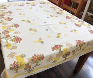 Tovaglia vintage anni '60 in giallo arancio e seppia su bianco; 55x67" (RF917) - Foto 1 di 10