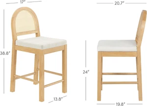 Counter Height Bar Stools All Wood Dining Room Oak Finish Upholstered Rattan Cou - Picture 1 of 17