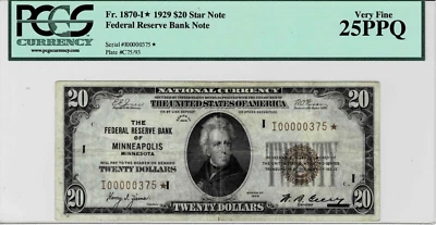 1929 $20 Federal Reserve Bank*STAR*note-fr.1870-I*(Minn)PCGS 25PPQ-Low 3 digit# - Image 1 of 4