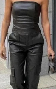 Zara Faux Leather Like Strapless Cargo Pocket Jumpsuit Deep Slate Black Size XL - Picture 1 of 9