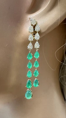 14k Yellow Gold, Teardrop Emerald & Diamond Drop Dangle Earring, All Natural - Image 1 of 4