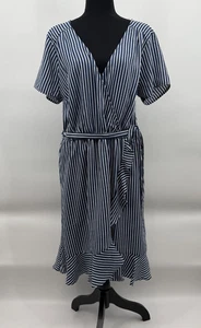 Naif Anthropologie Dress Women 1X Blue White Stripes V Neck Coastal Ruffle - Picture 1 of 14