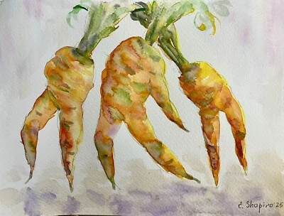 Pintura Acuarela Original Bailando Zanahorias Bodegón Arte 9x12 Decoración Cocina Foto 1 de 4