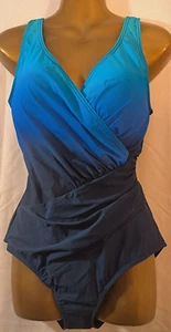 Women Swimsuit Blue V-neck Wrap Shaper Ladies Swim Dress UK14 EU40 Minor Mark - Picture 1 of 8