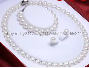 Genuine 9-10mm south sea round white pearl necklace bracelet earring set 18'' - Picture 1 of 6