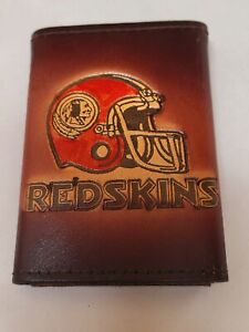 Genuine Washington Redskins Brown Leather Tri-Fold Wallet NFL Helmet Indian Logo