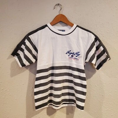 90s Vintage Kids Black and White Striped Bugle Boy T Shirt Medium  - Image 1 of 4
