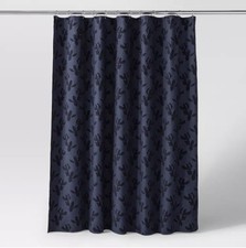 Project 62 Navy Woven Shower Curtain Painterly Blue Leaf Print Cotton Fabric