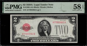 1928A $2 Legal Tender FR-1502 - Graded PMG 58 EPQ - Choice About Uncirculated - Picture 1 of 2