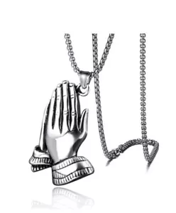 Unisex Prayer Praying Hands Charm Pendant Stainless Steel 24" Chain Necklace - Picture 1 of 8