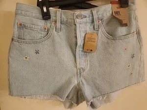 Levis 501 Womens Denim Sz 31 Shorts Button Fly High Rise Embroidered Flowers NWT - Picture 1 of 2